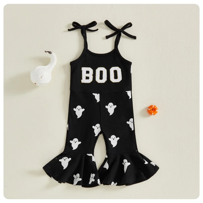 0-7Y Toddler Girls Hallowee Overalls Jumpsuit Ghost Print Letter Embroidery Tie-up Spaghetti Strap Flare Pants Romper