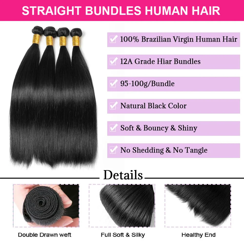 BeautyQueen Straight Bundles With Frontal Brazilian Hair Weave 3 Bundles With Closure 13x4 Lace Frontal 100% Human Hair Tissage