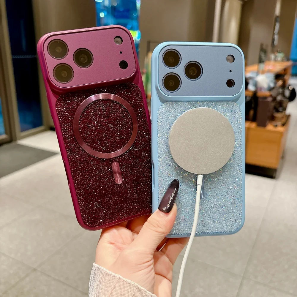 Coque de téléphone à grand écran avec paillettes et strass pour iPhone 18 17 16 Pro Max 15 14 13 18Pro 17Pro Air, compatible avec la protection magnétique Magsafe.