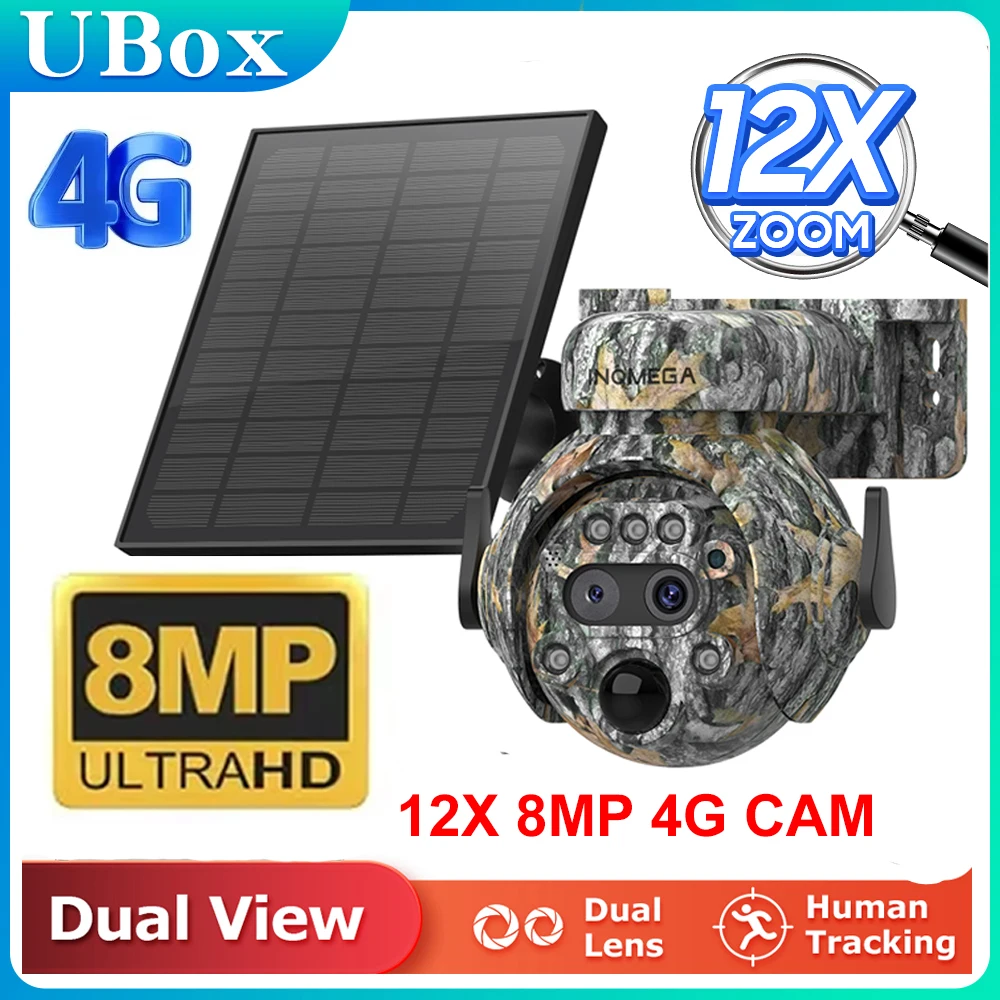 INQMGA Ubox 8MP 12X 4G SIM Solar Security Camera Outdoor Surveillance Camera Camera Color Night Vision Human/Animal Detection