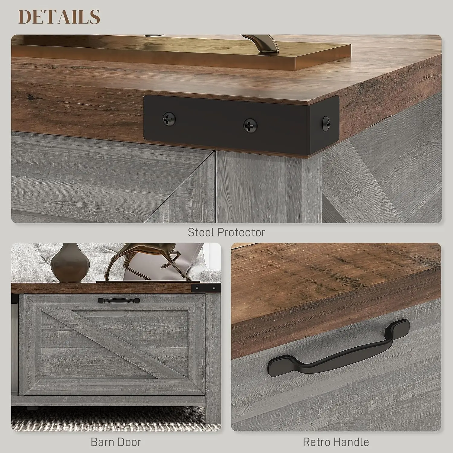 Farmhouse Coffee Table Storage Drawer Distressed Gray, Customized