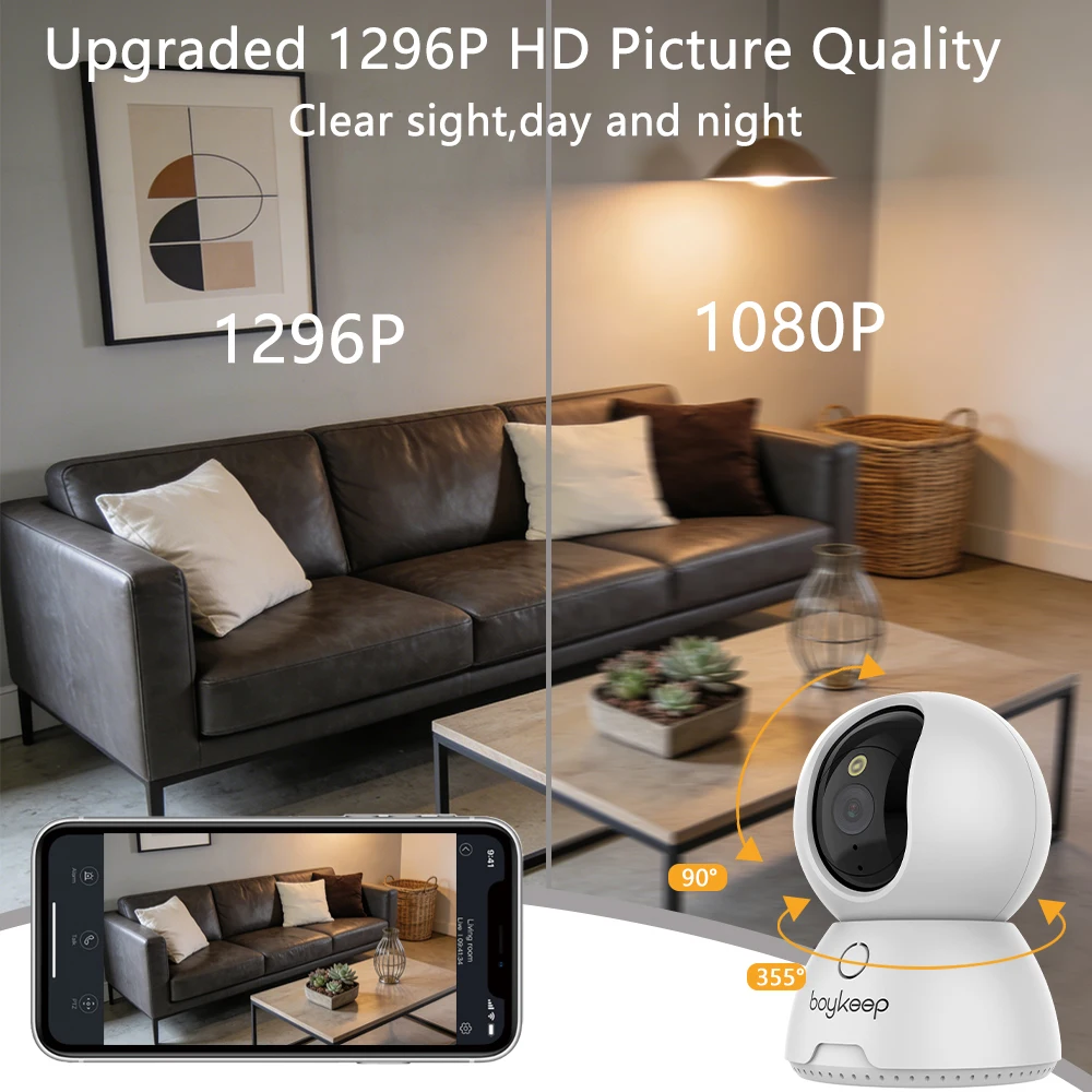 Boykeep 4MP 2K 1296P FHD Smart Indoor Pan-Tilt Camera with AI Motion Tracking, Color Night Vision, Two-Way Audio,2.4G/5G WiFi