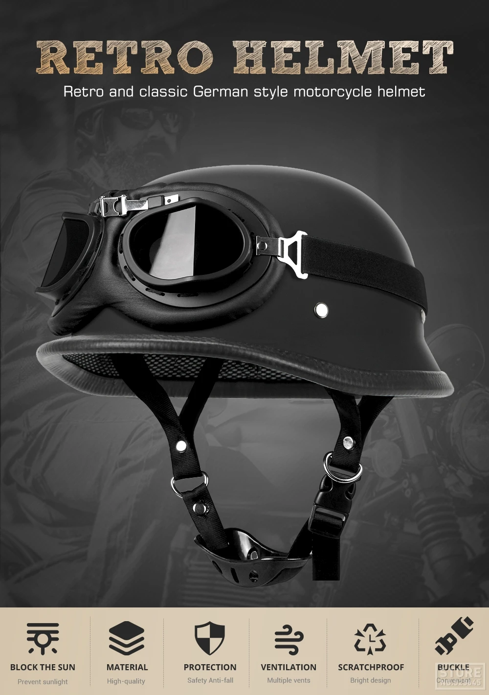 Motorrad Halbhelm Deutscher Leder Vintage Helm Casco Moto Motorrad Jethelm Biker Pilot DOT Zertifizierung S-XXL – Detail 2