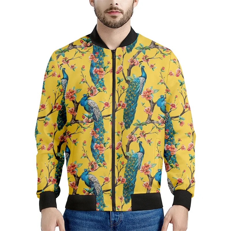 Peacock Feather Floral Pattern Print Men's Bomber Jacket 3d Long Sleeve Sweatshirt Cool Street Bomber Zipper Jacket Coat