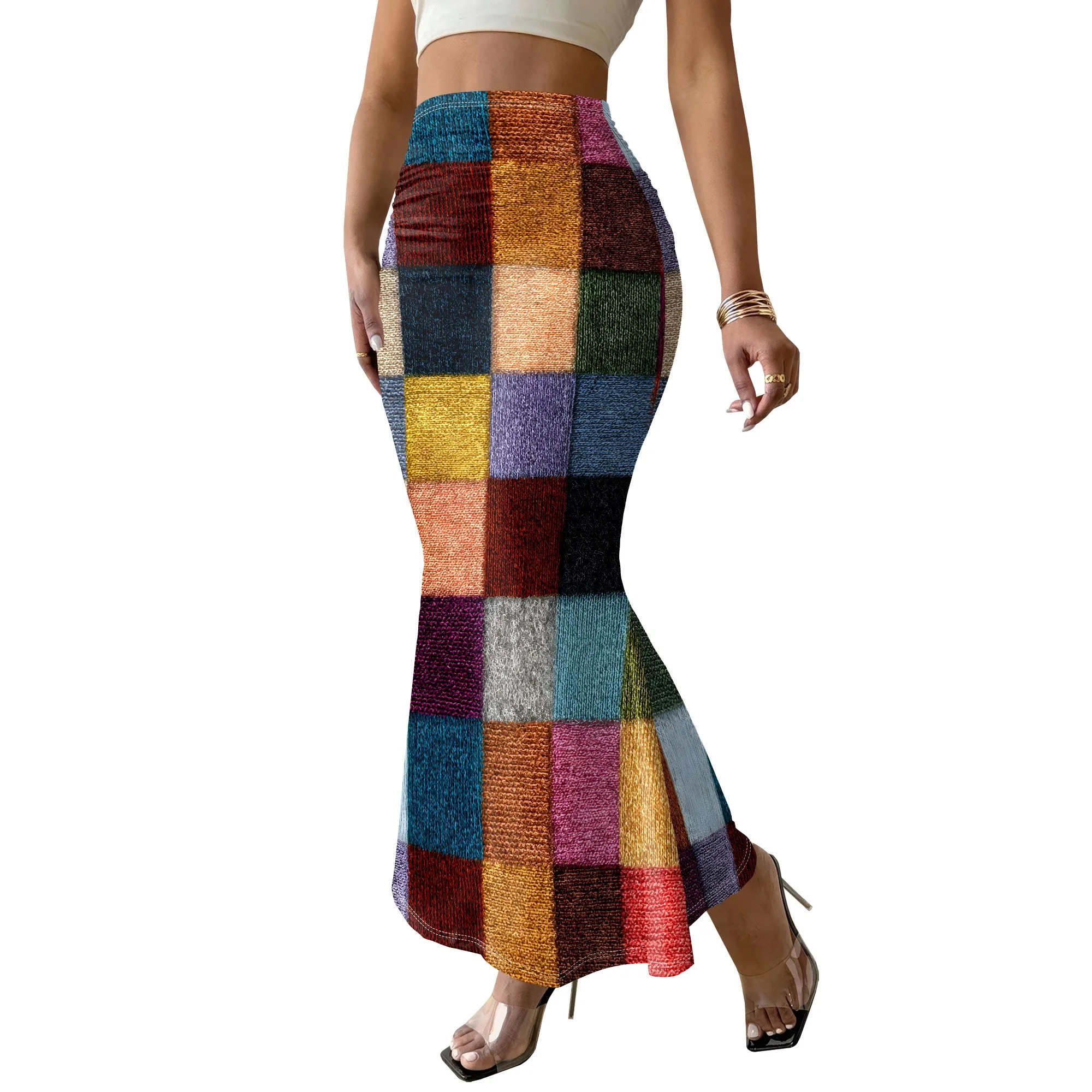 Colorful Plaid Mermaid Skirt, Printed Maxi Skirt, High Waist Long Skirt for Women Party Casual Wear S-2XL
