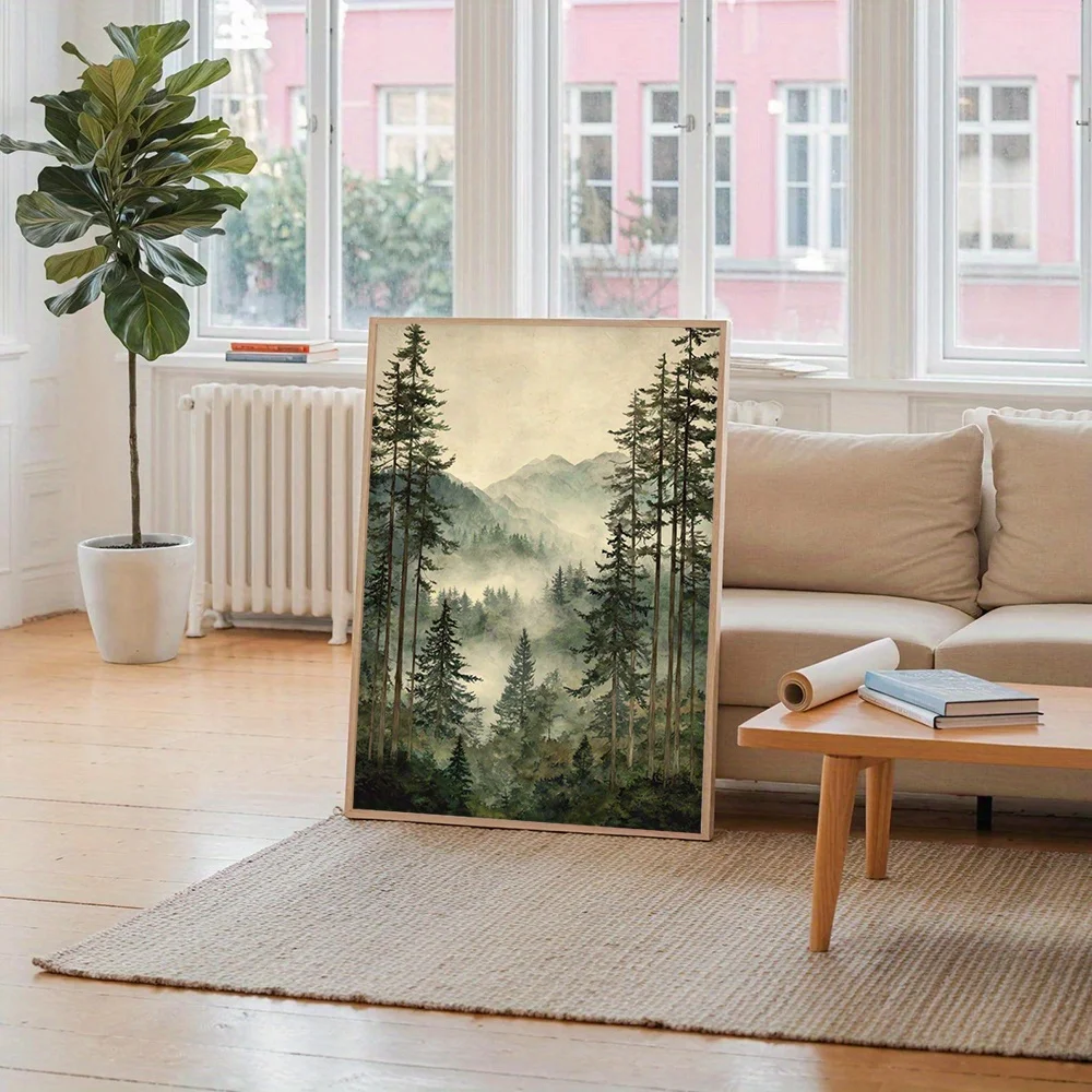 2D Flat, No Framed Misty Forest Canvas Painting, Mountain Haze Wall Art, Serene Landscape Prints Poster, Nature Scenes Canvas Wa