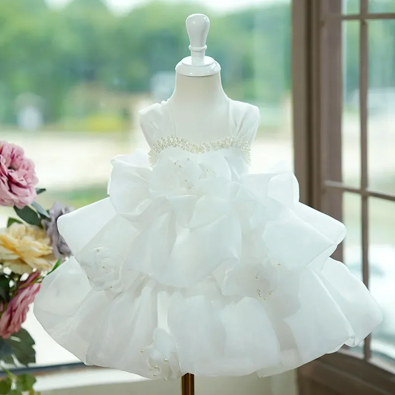 Kids Formal Princess Dress Costume Children Birthday White Flower Piano Performance Pageant Outfit Girl Evening Gown Host Runway