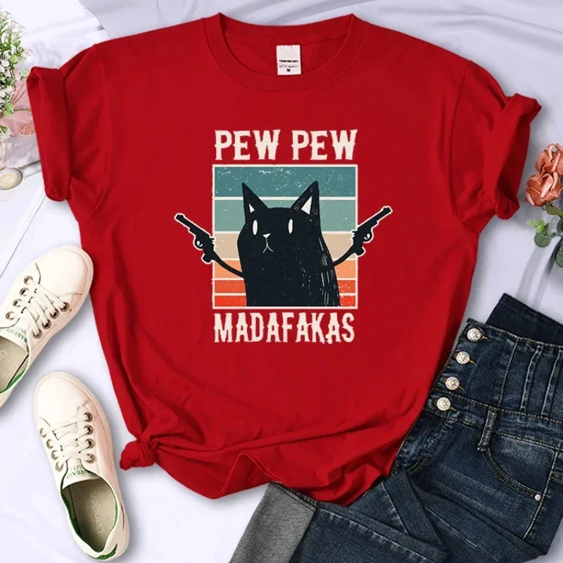 

Женская модная футболка с надписью Pew Cat, одежда с графическим принтом для девушек в стиле Харадзюку, повседневные женские топы, футболка, женская одежда
