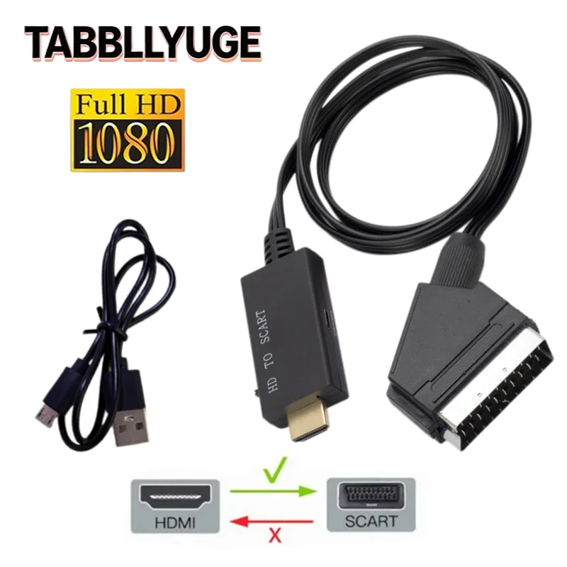 1M HDMI-compatible To SCART Video Audio Converter Adapter for HD TV DVD for Sky Box STB Plug and Play Power Cable Upscale
