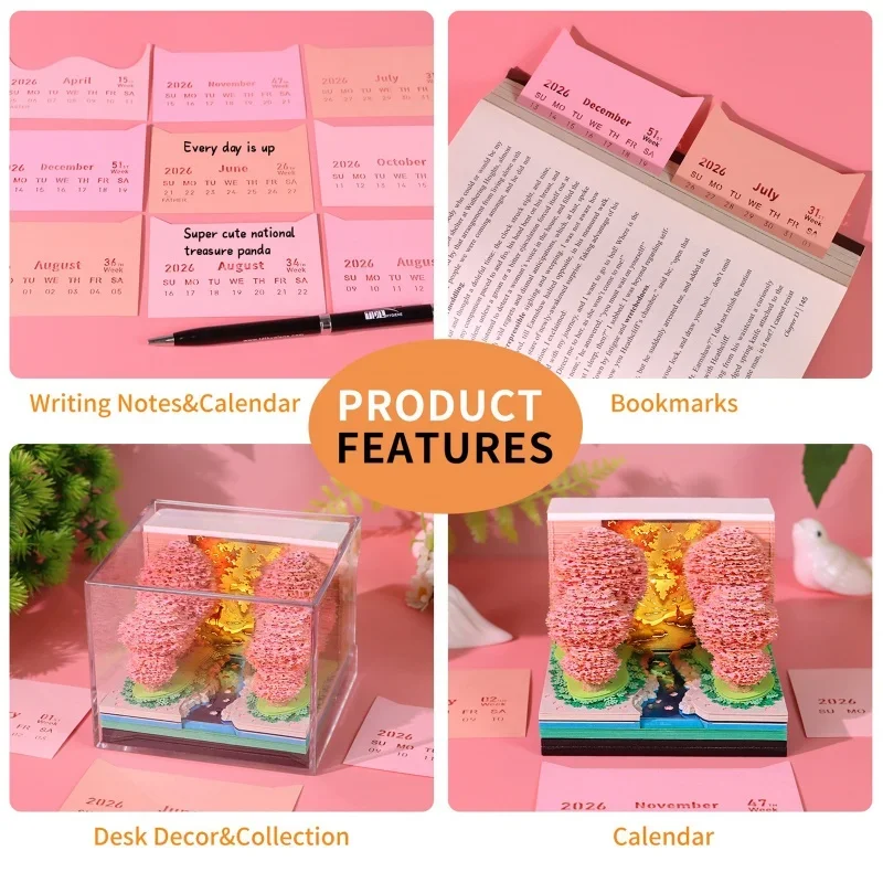 

Элегантный настольный календарь на 2026 годы со встроенной светодиодной подсветкой; Отрывной блокнот из 3D-бумаги: идеально подходит для рождественских подарков