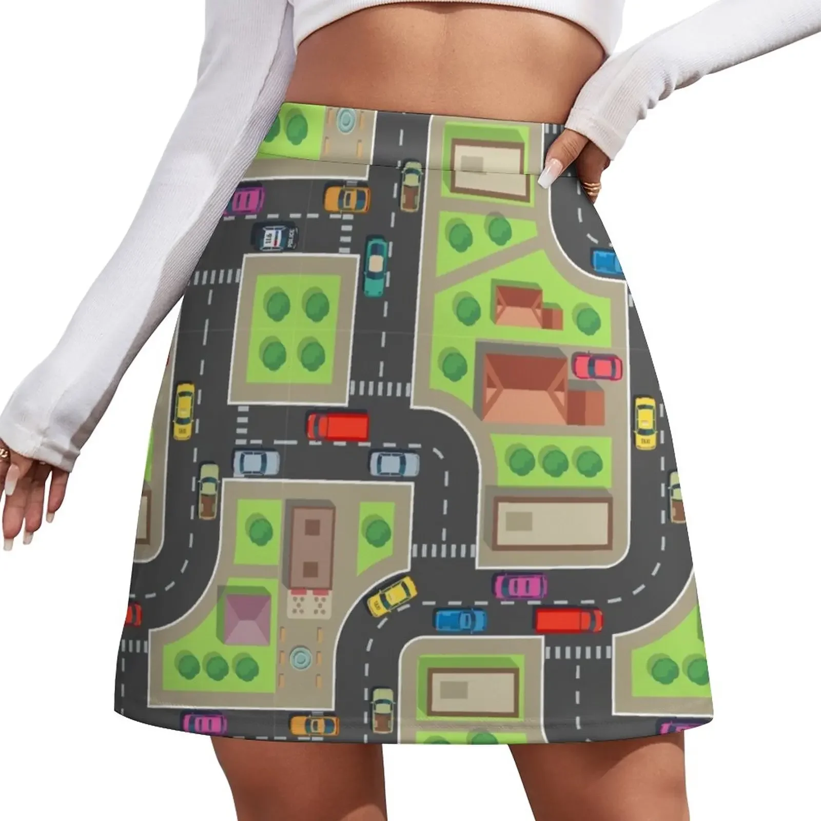 

Seamless City Map Top View Building Street with Cars Trucks Mini Skirt women's clothing korea stylish kawaii skirt