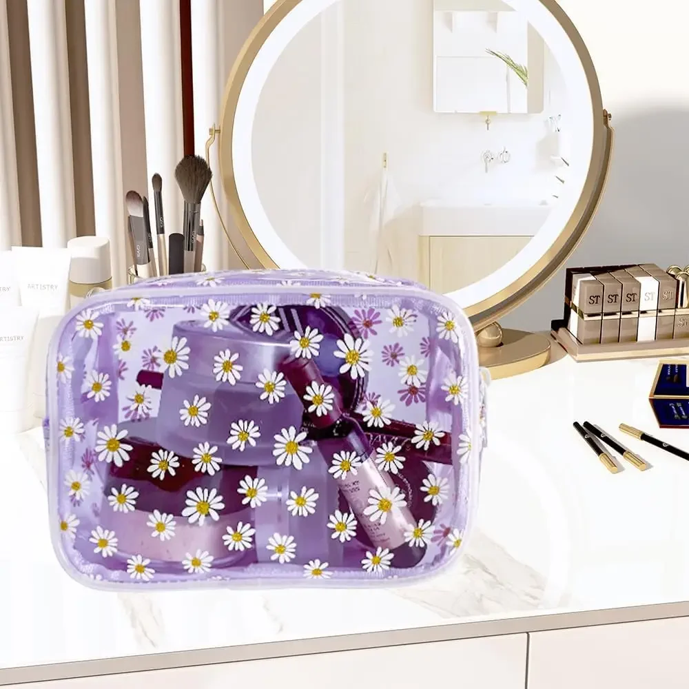 3pcs Clear Makeup Bags Clear Women Cosmetic Bag with Zipper Daisy Beauty Case Make Up Organizer Storage Bath Toiletry Wash Bag