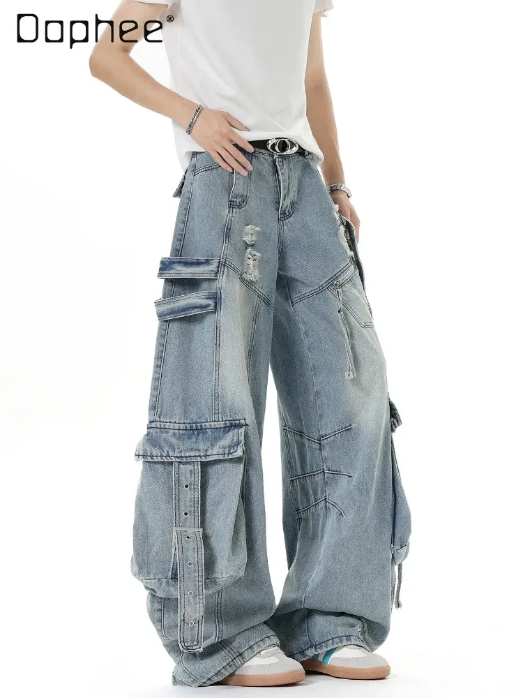 2026 Summer Men's Jeans American Streamer Tooling Jeans High Street Big Pocket Retro Loose Ripped Splicing Denim Trousers Men