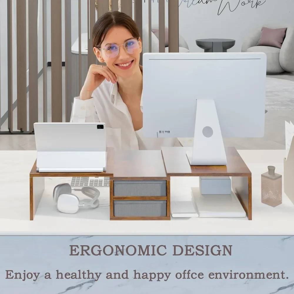 Stand Riser with 2 Drawers - Length and Angle Adjustable 3 Shelf Monitor Riser with Storage Desk Organizer Large Monitor Stand