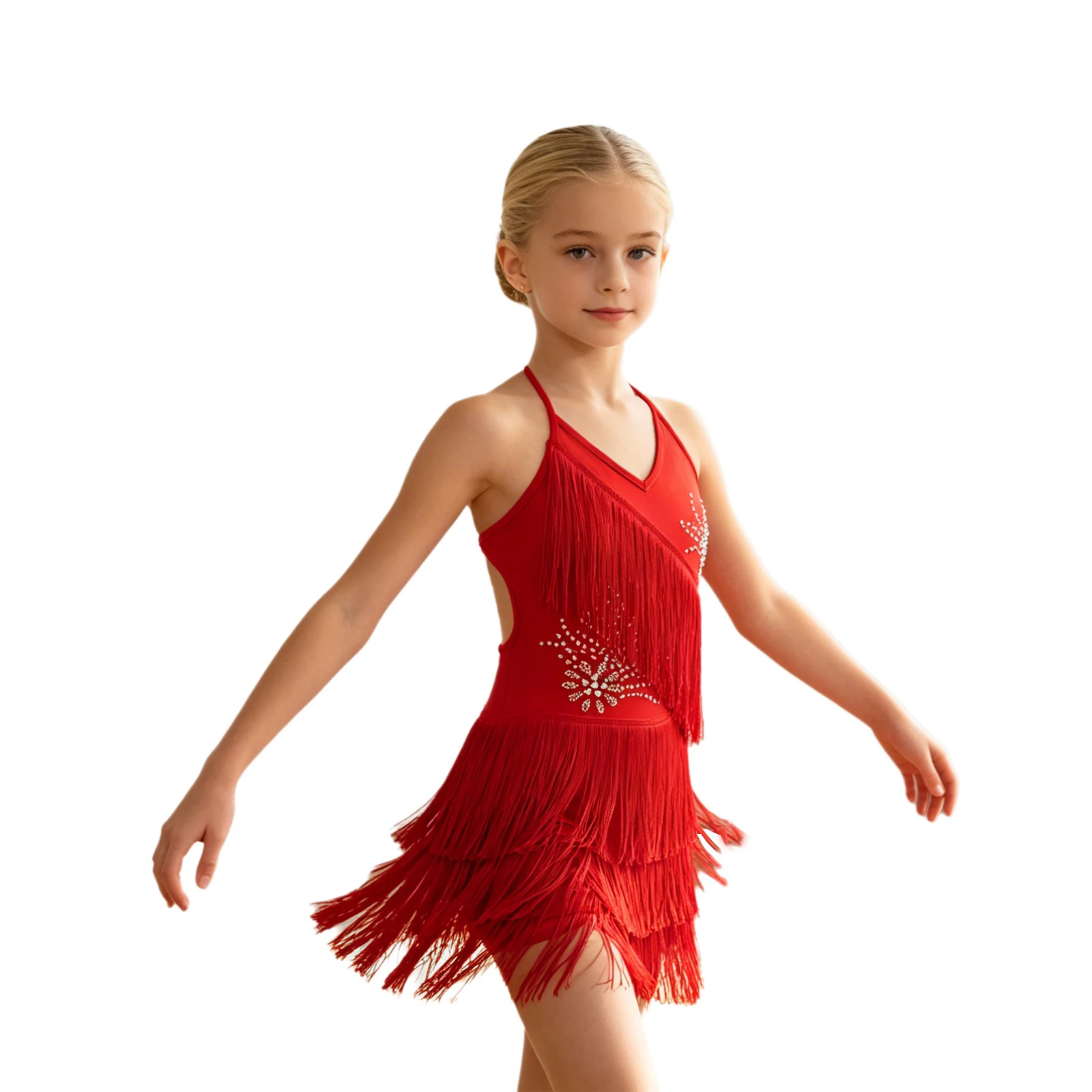 Tassels Latin Dance Dress for Kids Girls Sleeveless Shiny Rhinestone Fringed Dresses Ballroom Chacha Tango Rumba Salsa Dancewear - view 3