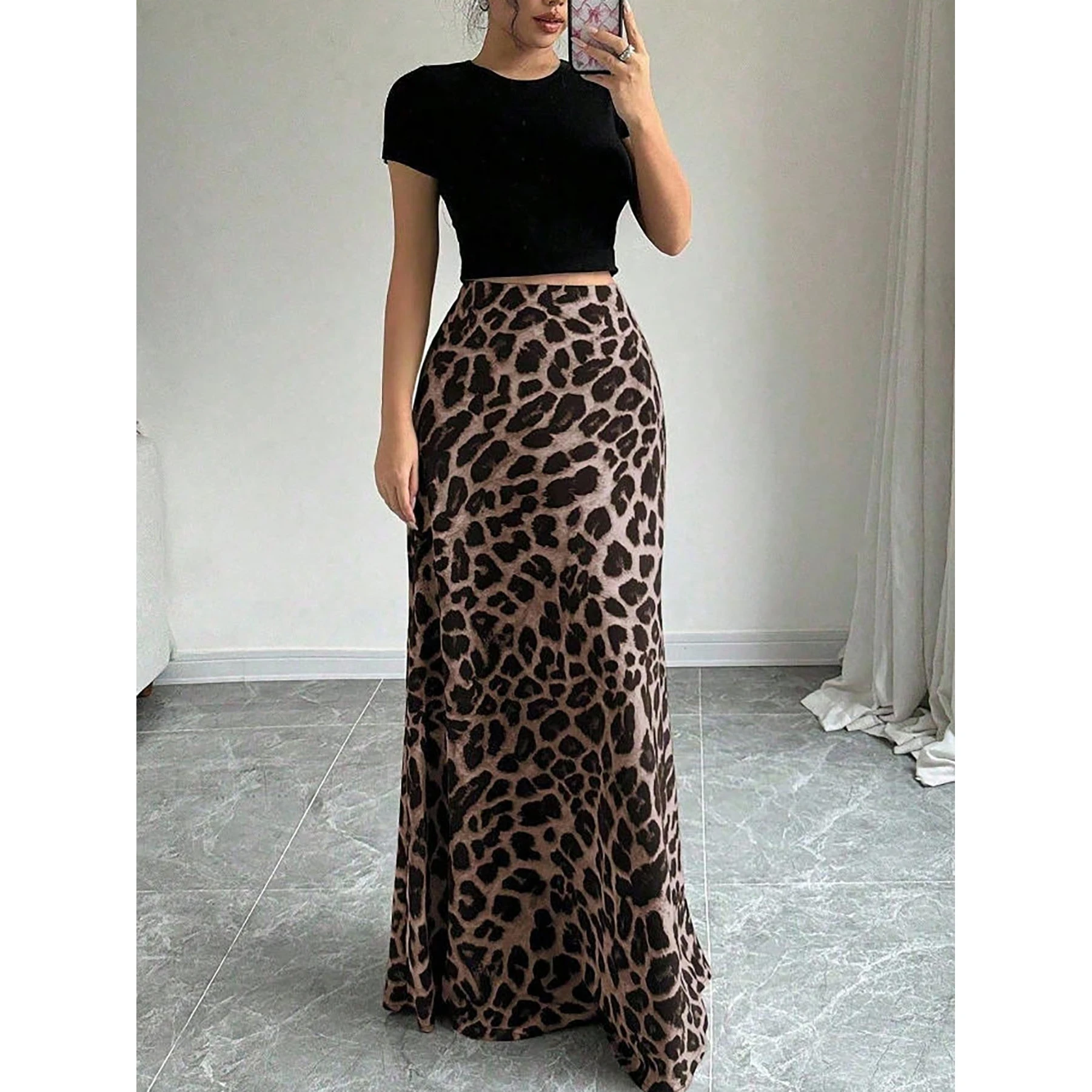 2026 New Leopard Print High Waist Long Skirt Women's Fashionable Elegant Cross-Border Best-Selling A-Line  Skirt