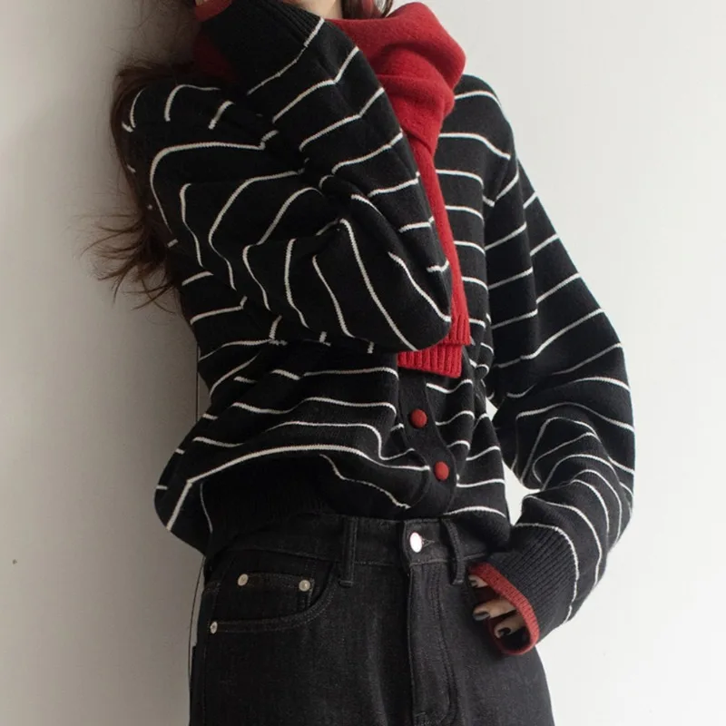 الخريف والشتاء موضة جديدة الملابس النسائية مخطط طاقم الرقبة سترة بأكمام طويلة أنيقة وعارضة أعلى لينة تريكو #5