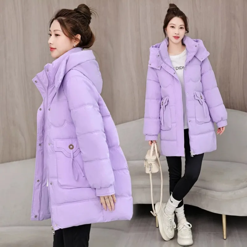 Women's Mid-Length Quilted Padded Coat Hood Loose Fit Parkas Korean Style Trendy Fall Layering Outerwear Casual Fashion New