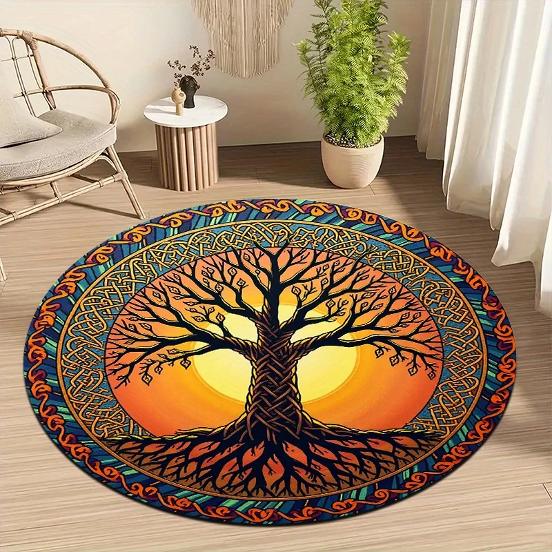 Celtic Life Tree Style Flannel-printed round floor mats are slip-resistant Suitable living room bedroom terrace garden carpets