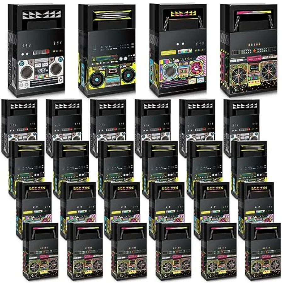 24 piezas de bolsas de recuerdo de fiesta de los años 80 y 90, novedad, caja de pluma, favores, regalo, regalo, papel de caramelo, decoraciones de Radio Retro, centro de mesa