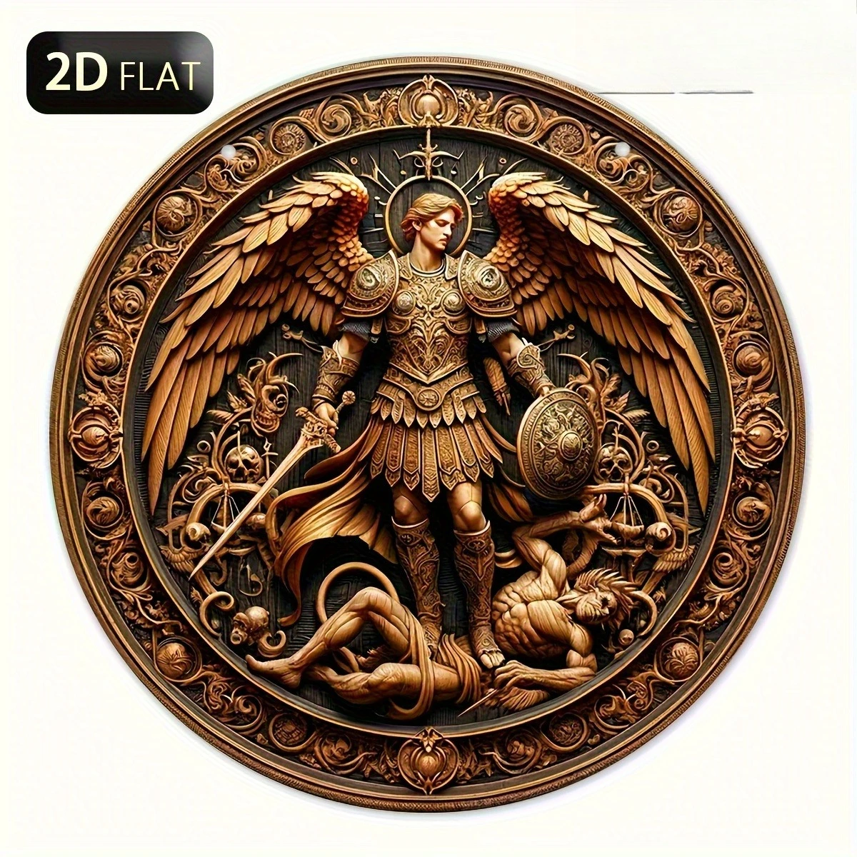 Vintage Round Metal Sign, Archangel Michael Defeats Demon Bronze Relief Retro Religious Wall Decor Plaque
