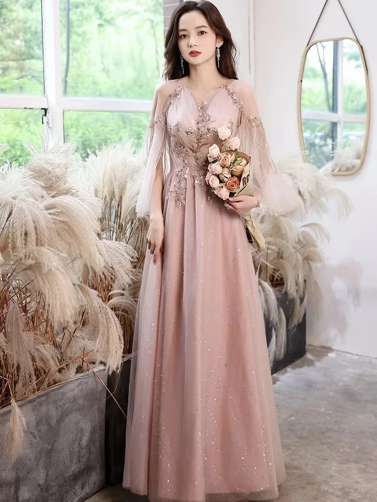 

Pink Prom Dress Elegant Shawl Sleeves Sexy Illusion Appliqué Beaded Tassels Sequins Tulle Long A-Line Femal Birthday Party Gown