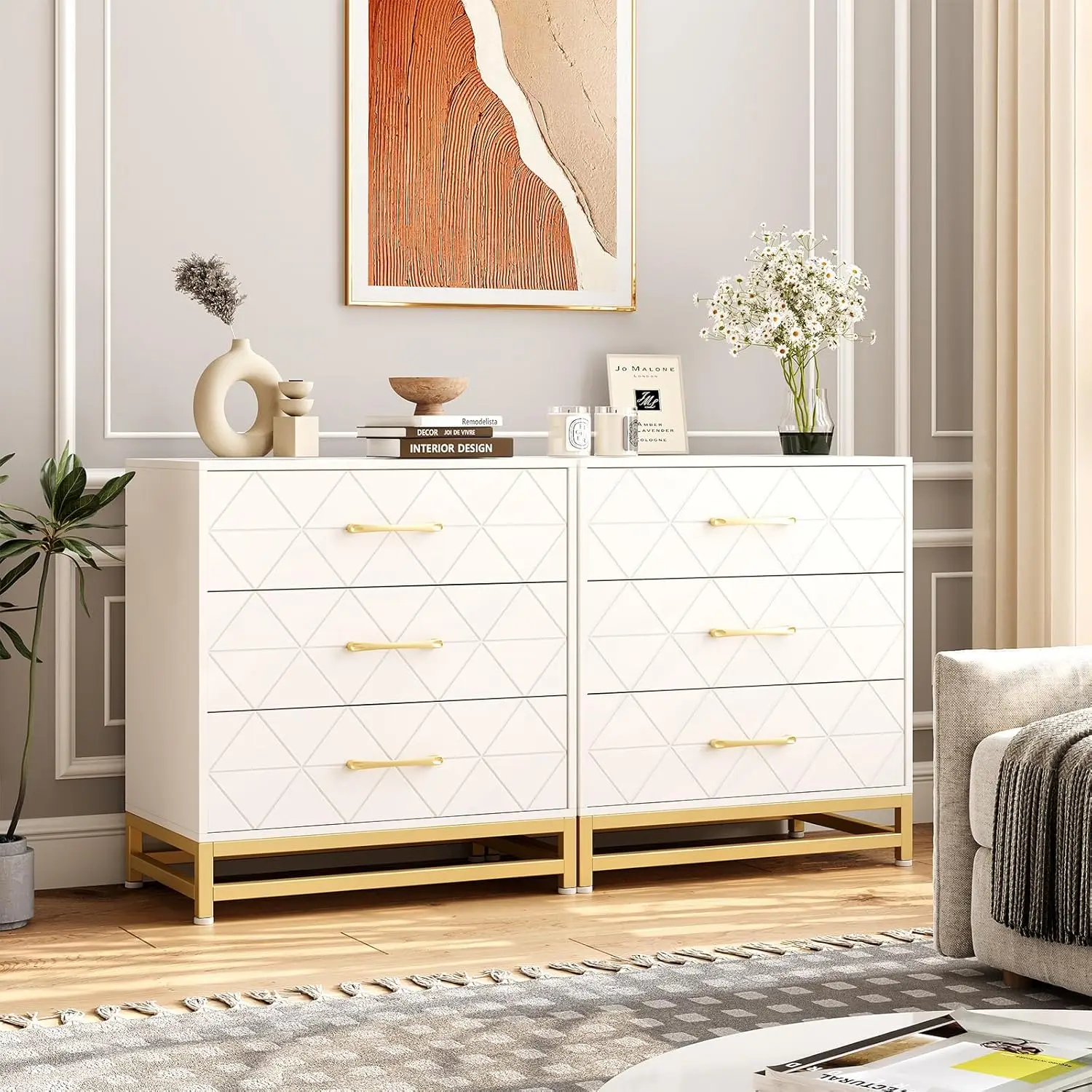 Commode pour chambre à coucher avec 3 MEL, Commode moderne Poitrine des portes de proximité, Wide Proximity Wers et Metal Foy, Commodes en bois, Blanc