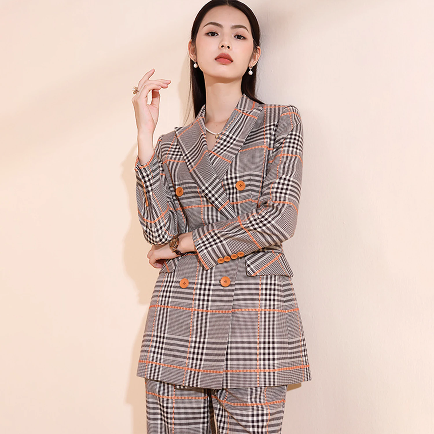 Allingentle Women's Plaid Pantsuit 2 Piece Suit Elegant Flap Pocket Blazer & Pants for Casual Office Customize