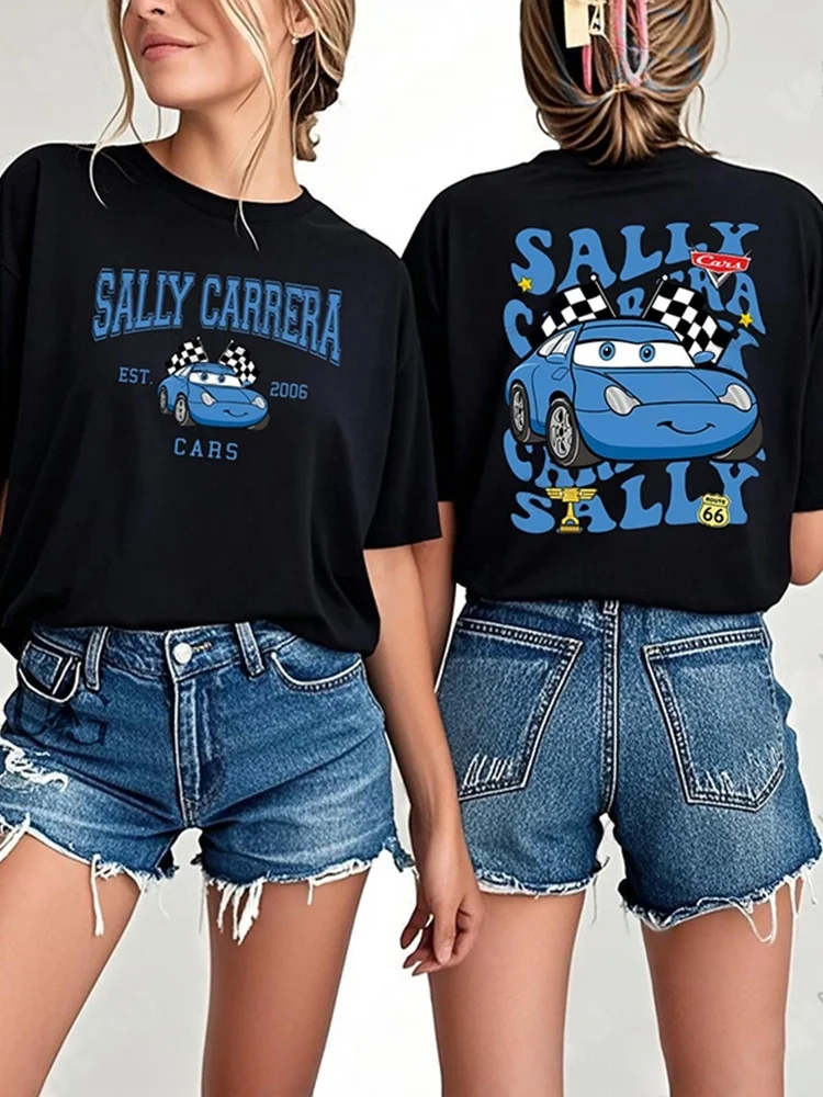 

2025 new Sally Carrera car printed women's T-shirt summer short sleeved cotton round neck T-shirt casual street wear casual top