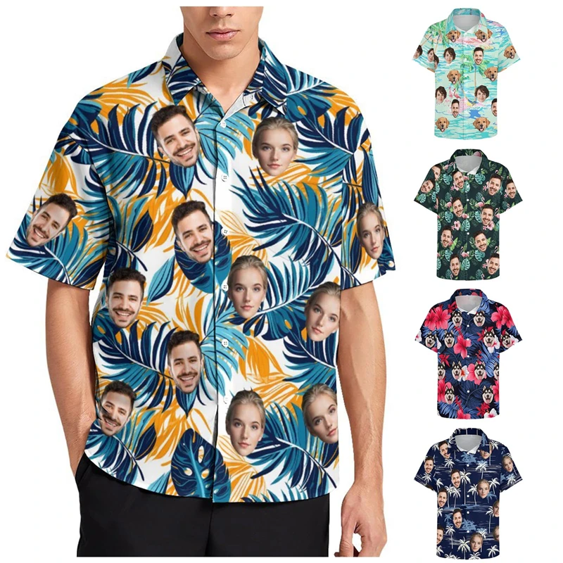 

Funny Custom Face Pet Couple Hawaiian Shirt Summer Fashion Personalized 3D Printed Shirt Casual Oversized Unisex DIY Blouses