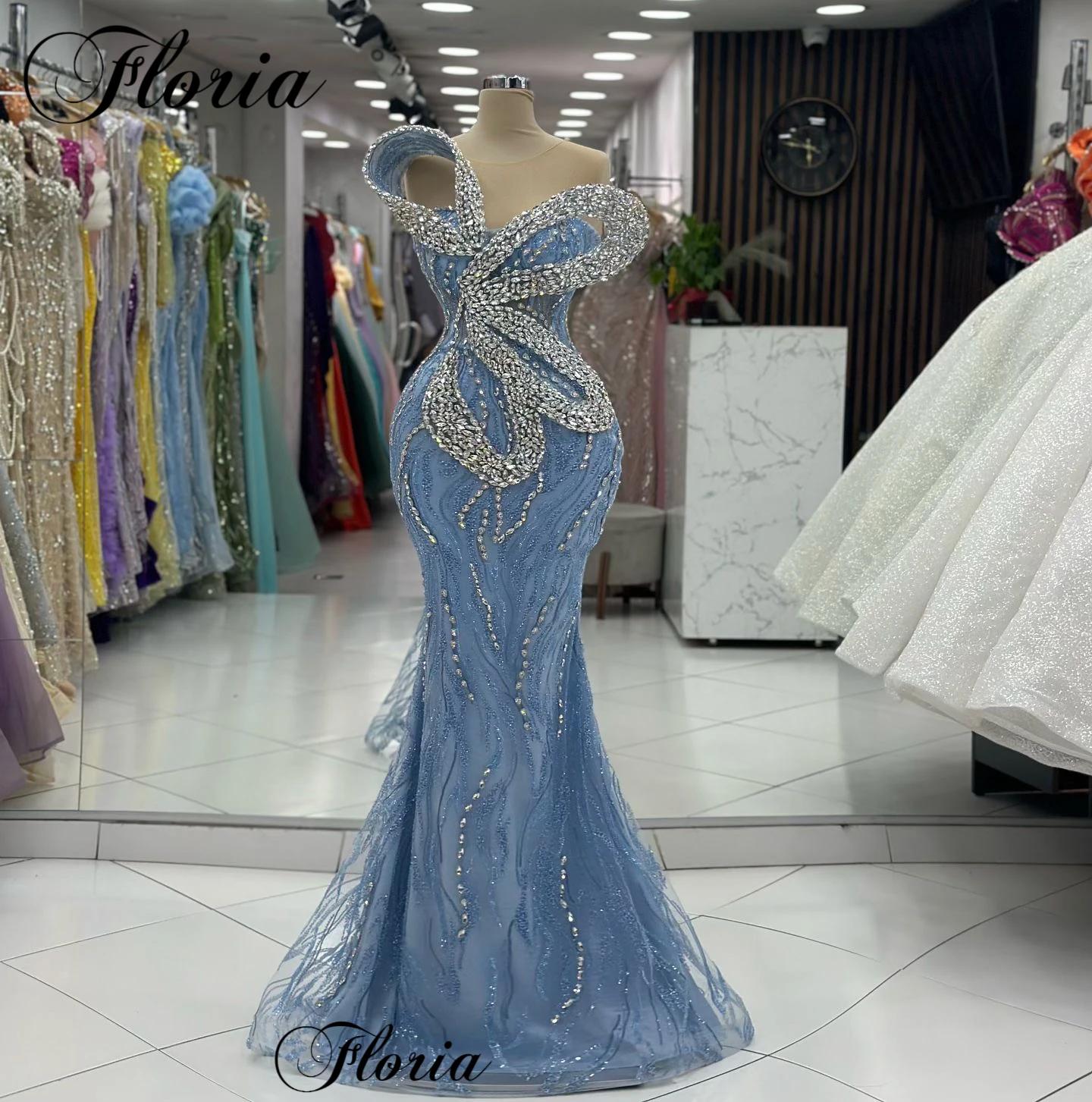 New Baby Blue Cocktail Dresses Sparkly Crystals Evening Dresses Awards Ceremony Dresses Mermaid Special Gown Vestidos De Cóctel