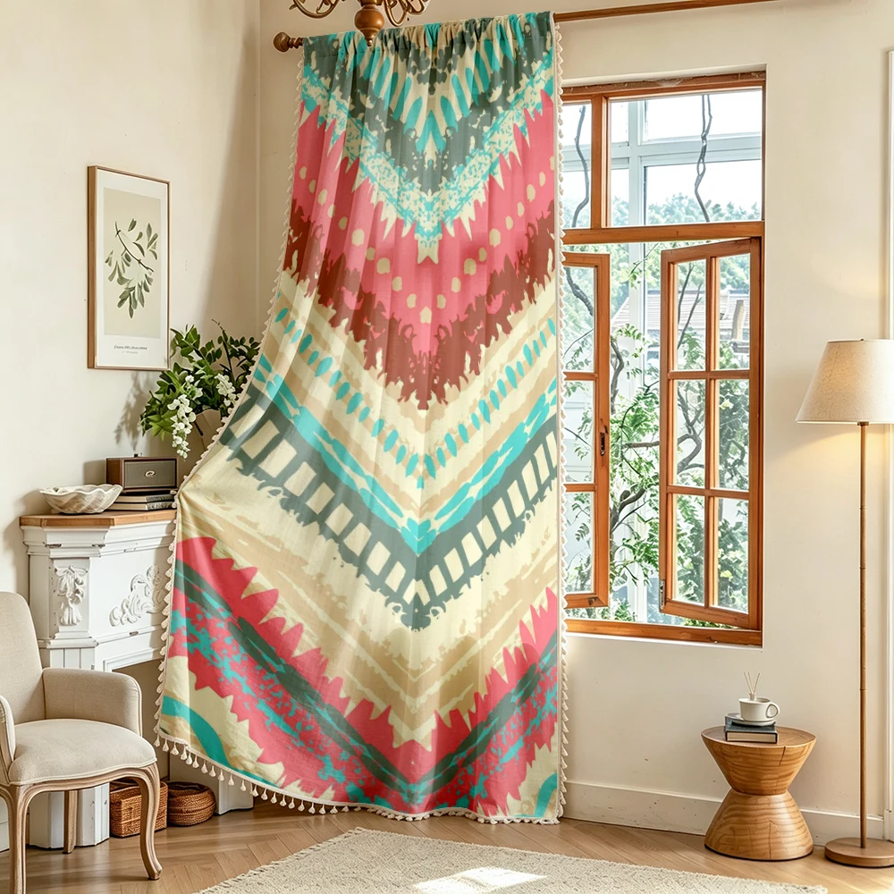 1PC Boho Tassel Sheer Curtains, Colorful Chevron Ikat, Digital Print, Linen Polyester, Bedroom Living Room, Home Decor