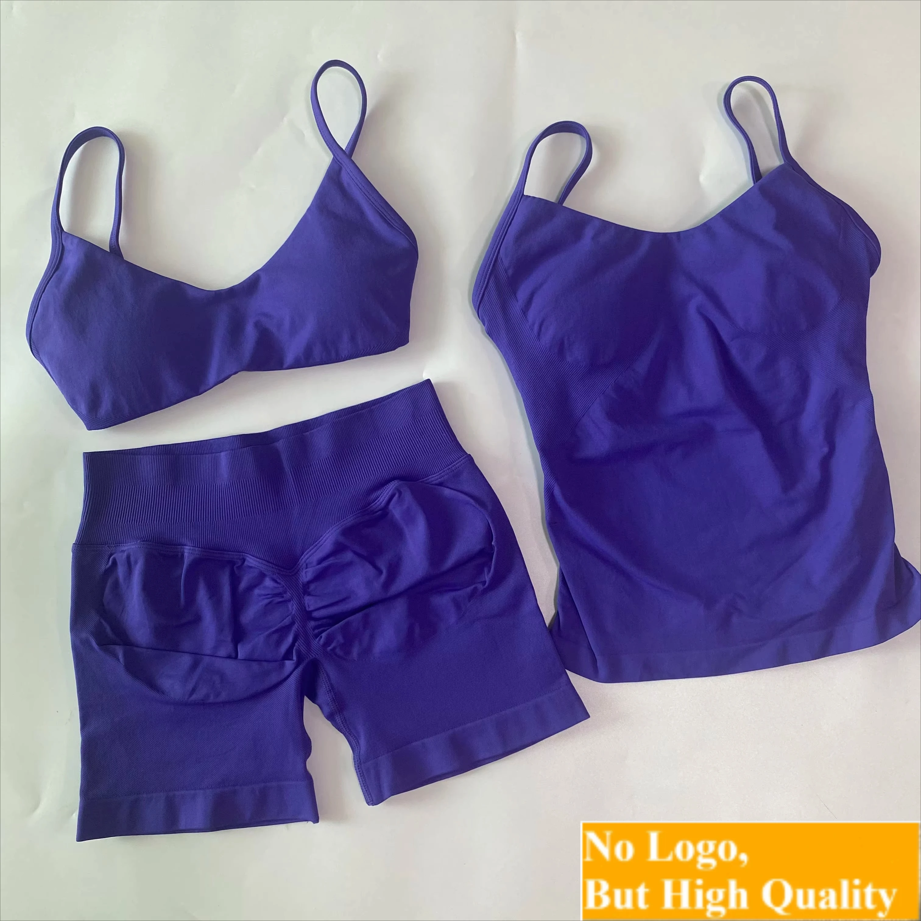 NO LOGO 3-pc Set For Women Scoop Neck Sports Bra +Vest +Scrunch Waist Yoga Shorts Fitness Workout Set Gym Clothes Active Wear
