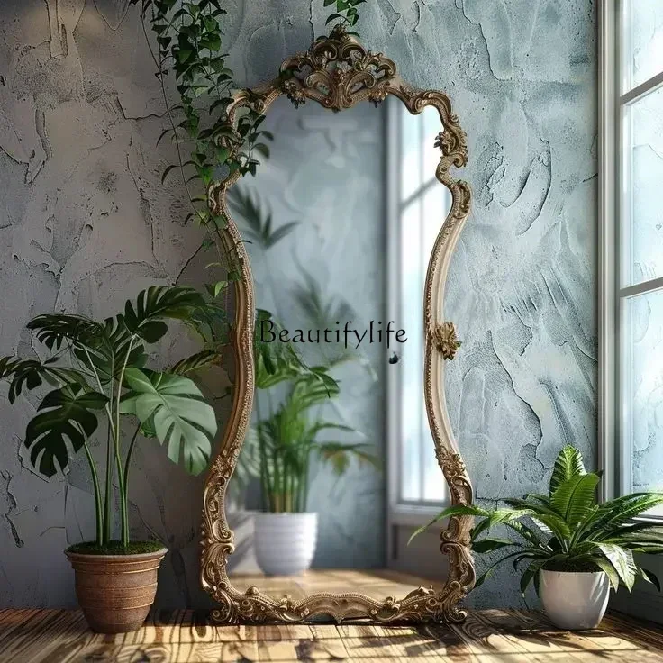 French retro floor full-length mirror carved mirror European special-shaped changing mirror