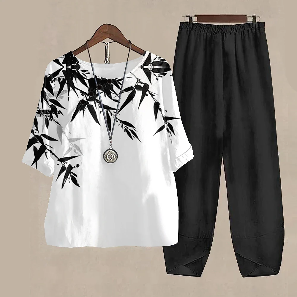 Summer Casual Two Piece Set Bamboo Printing Women Elegant O Neck Loose T Shirt High Waist Loose Pants Suit Female Outfits Autumn