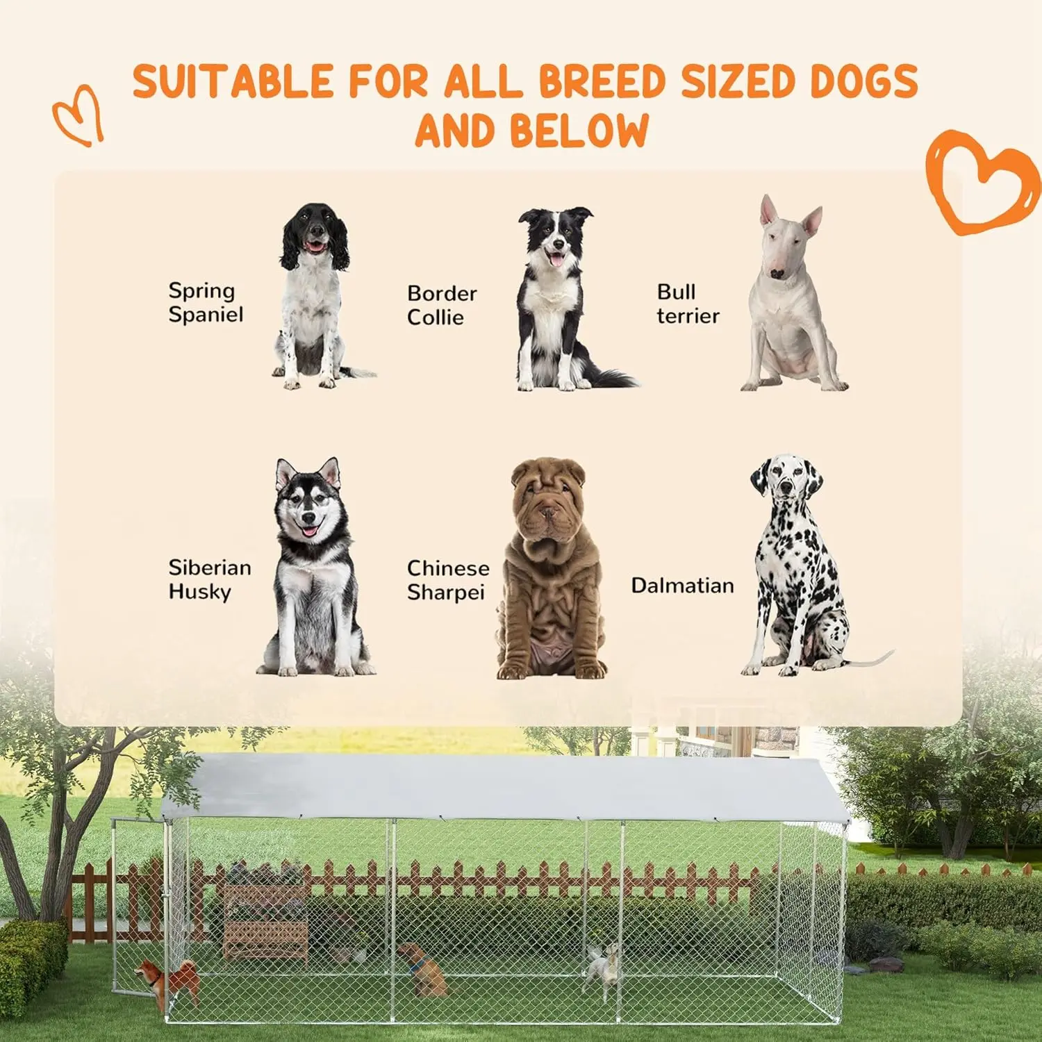 Large Dog Kennel Outside, Heavy Duty Dog Cage with Waterproof Cover, Outdoor Fence Dog Run with Galvanized Chain Link