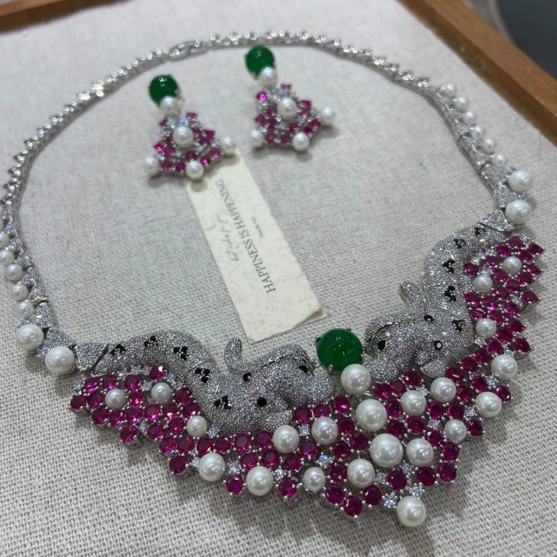 Elegant Double Leopard Head Pearl Necklace and Earrings Set with Sparkling Micro Pave Zircon and Vibrant Colored Stones