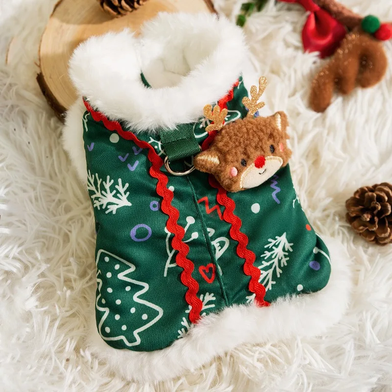 Christmas Dog Coat Green Fur Collar Pet Warm Clothing Winter Puppy New Year Clothes Teddy Schnauzer Two Legs Cardigan