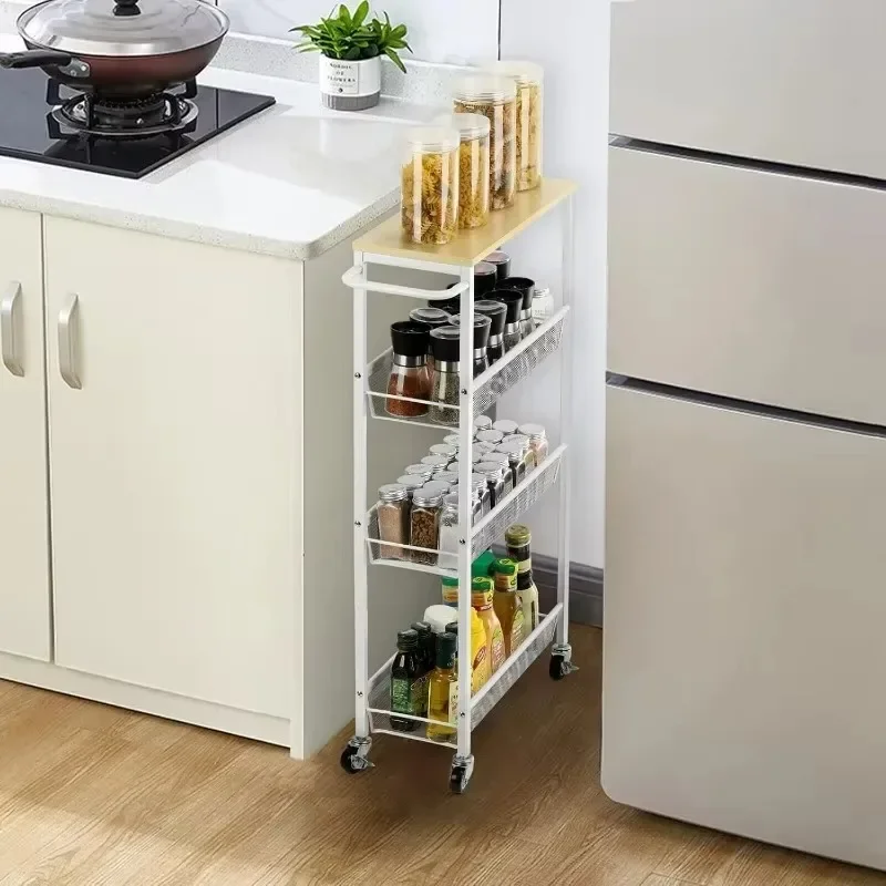 Rolling Kitchen Shelving Unit on Wheels Mobile Narrow Cart with Wooden Tabletop for Bathroom, Laundry Narrow Places