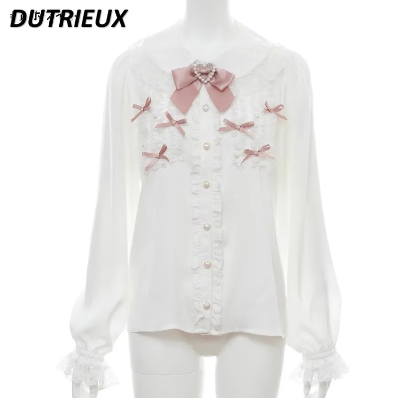 SC Japanese Style Sweet and Cute Bow Tie Doll Collar Long Sleeve Lace Chiffon Shirt for Women Spring New White Base Blouse