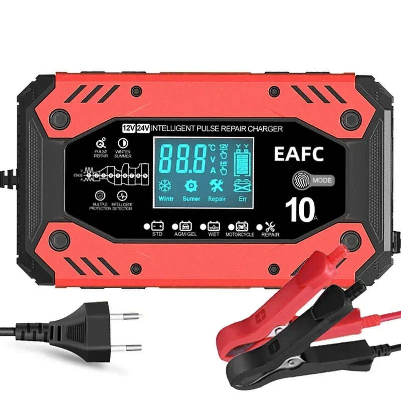 Полностью автоматическое зарядное устройство для автомобильного аккумулятора EAFC 12 В 10 А, Многоуровневое защитное зарядное устройство для автомобильного аккумулятора с импульсным восстановлением и ЖК-дисплеем