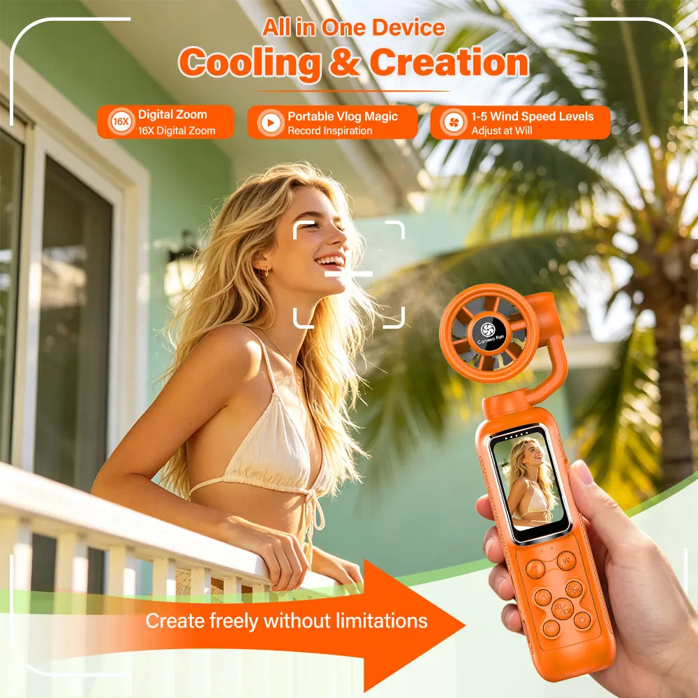 Mini Pocket Camera with Cooling Fan Gimbal 2000mAh 1.47inch Screen Display & Anti-Shake Portable Handheld Outdoor Video Recorder