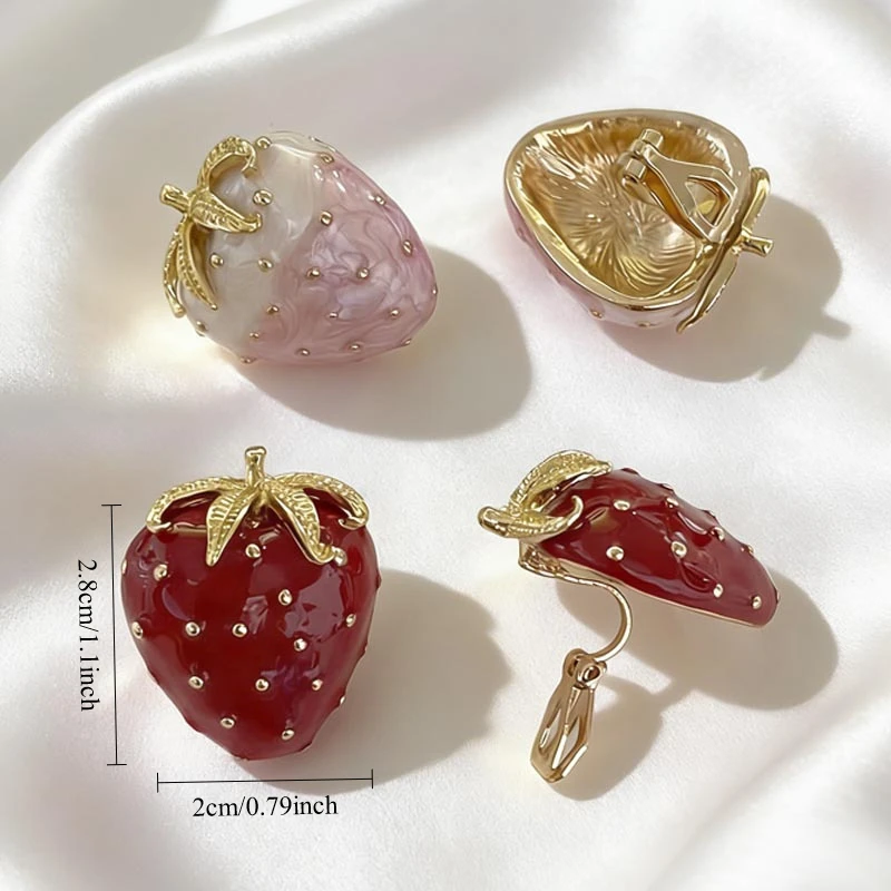 No Piercing BIG Strawberry Earrings Cute Red Enamel Clip-ons Dainty Gold Plated Fruit Statement Earrings for Women Daily Wear
