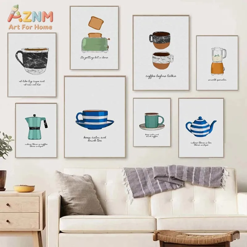AZNM Retro Kitchen Canvas Print Coffee Cup Moka Pot Toaster Blender Funny Quote Marble Texture Minimalist Wall Poster Unframed C