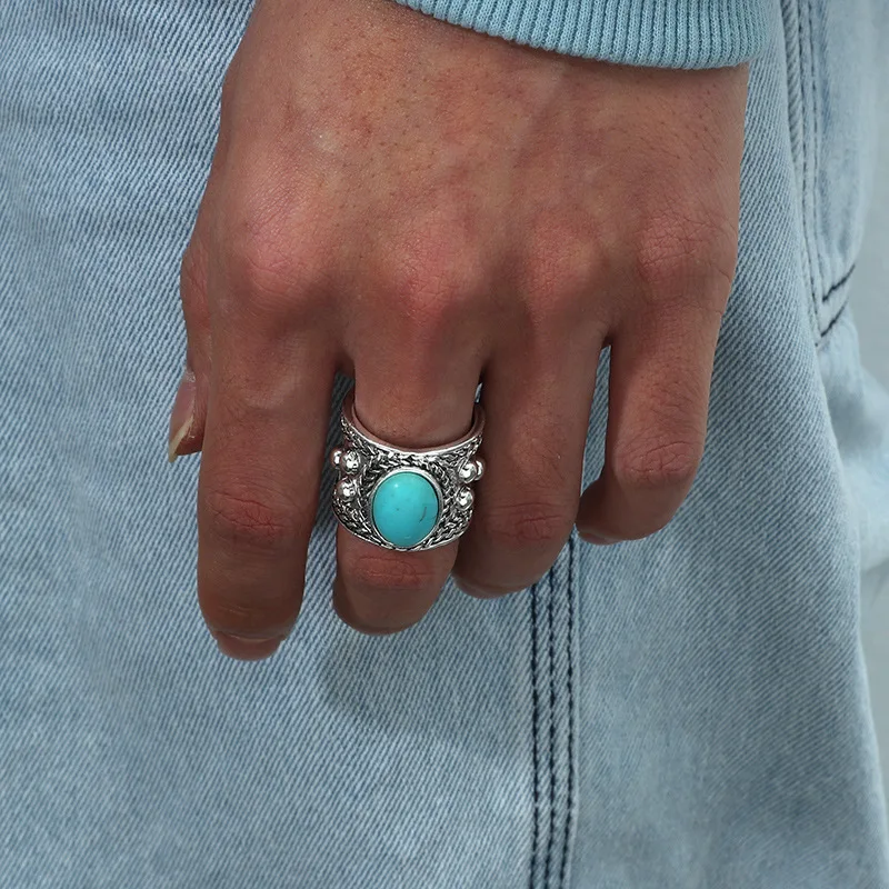 

Retro Creative Design Joints Ring New Simple Blue Turquoise Embedded Open Ring Versatile Exaggerated Faionable Jewelry