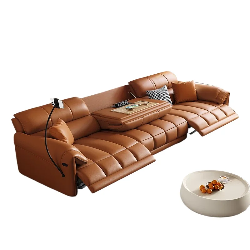 First class electric leather sofa living room first layer cowhide modern simple straight row zero wall sofa