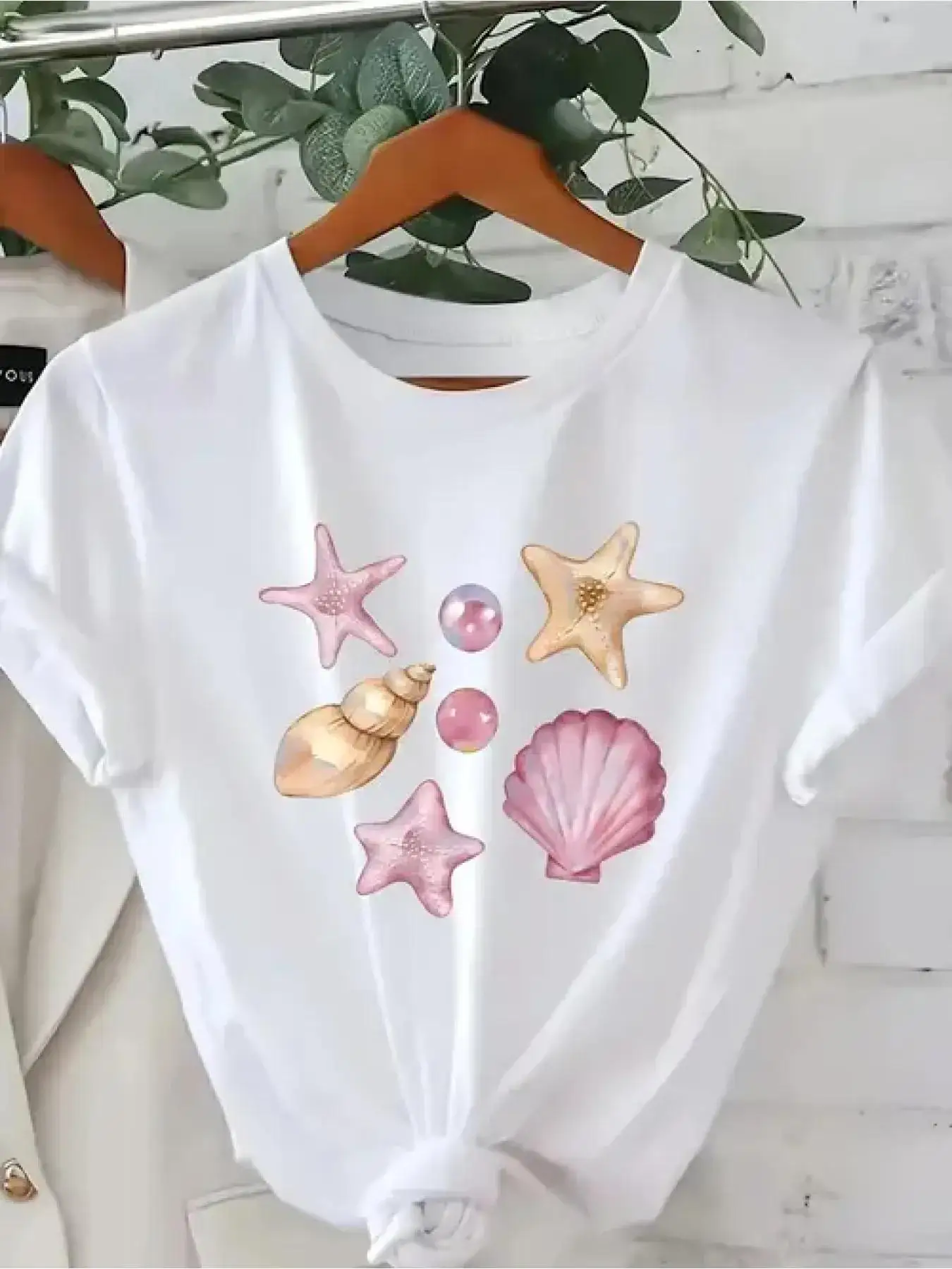 Heart Shaped and Starfish Print Tee Casual Short Sleeve Round Neck Top Comfortable Daily Fashion Selection Women Summer Clothing