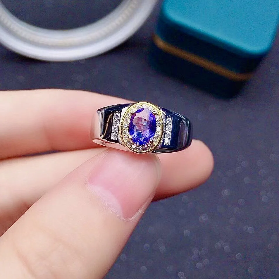 Fashion 925 Silver Man Ring for Party 0.7ct 5mm*7mm VVS Grade Natural Tanzanite Ring for Man Real Silver Tanzaite Jewelry