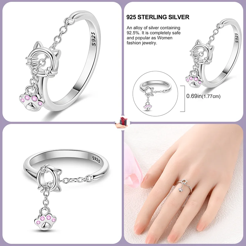 New 925 sterling silver fashion cat claw chain starburst dazzle color ladies ring fine travel party engagement jewelry gift