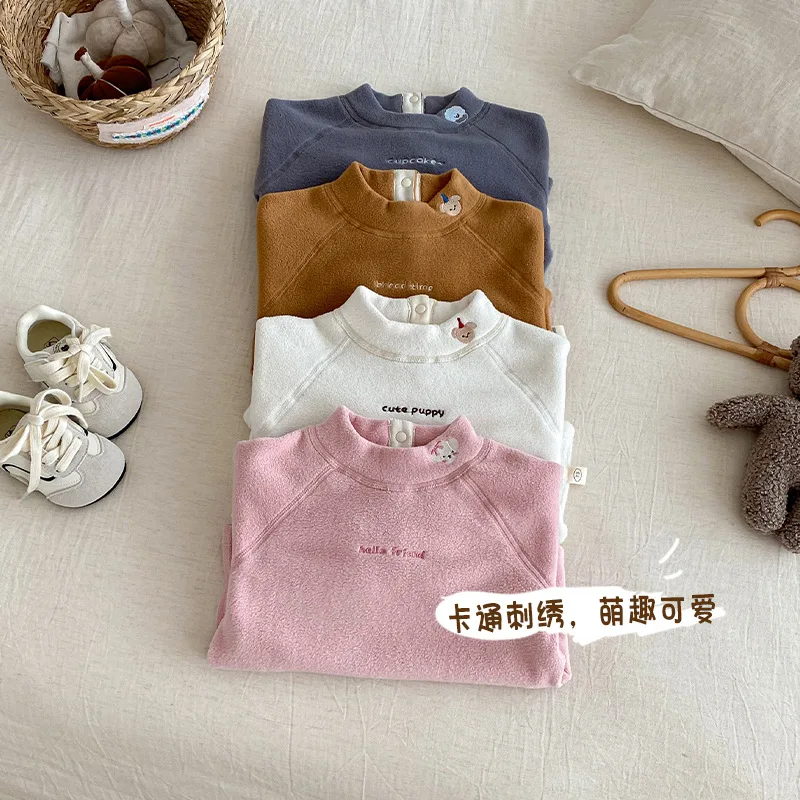 Children's Polar Fleece Undercoat 2025 New Winter Girls' Half High Collar with Embroidered Cartoon Top for Boys